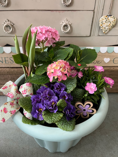 Round Garden Planter - A planter filled with mixed seasonal plants. (please note - plants may vary from this photo)