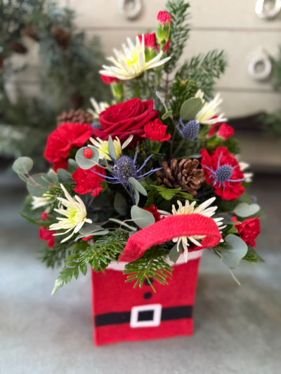 Santa Baby - A festive arrangement in a cute santa themed pot. Filled with fresh seasonal flowers and foliage.