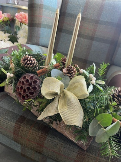 Nordic glitz Table Centre - candle arrangement in wooden trough